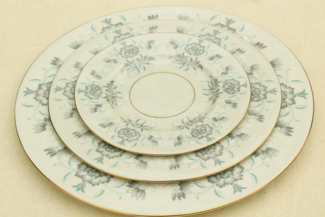 photo of vintage Caprice Castleton china dinnerware for 8, ivory w/ grey, mint green floral #10