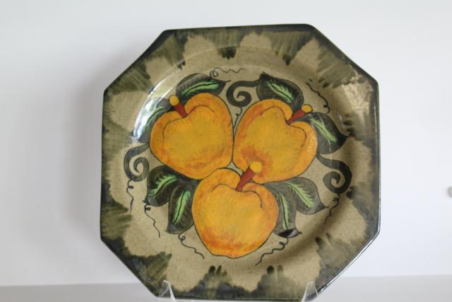 photo of vintage Castillo pottery made in Mexico, hand painted folk art charger plate w/ yellow apples #1