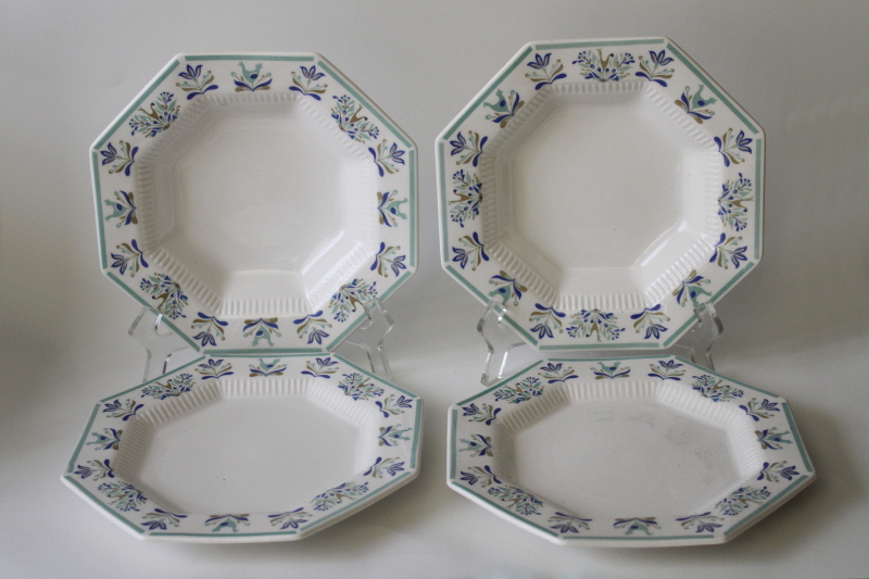 photo of vintage Castleton Japan ironstone china dishes, octagonal bowls & salad plates green & aqua print border  #1