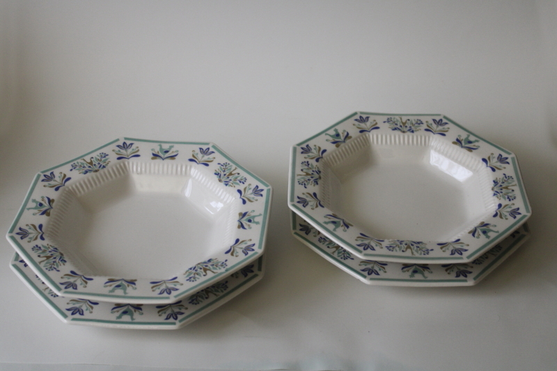 photo of vintage Castleton Japan ironstone china dishes, octagonal bowls & salad plates green & aqua print border  #3