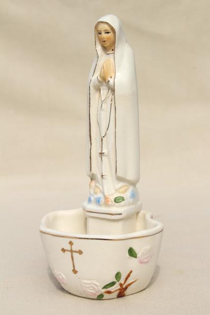 photo of vintage Catholic holy water font, hand painted china Mary Madonna religious figure #1