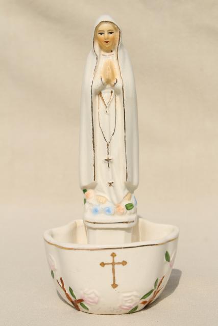 photo of vintage Catholic holy water font, hand painted china Mary Madonna religious figure #2