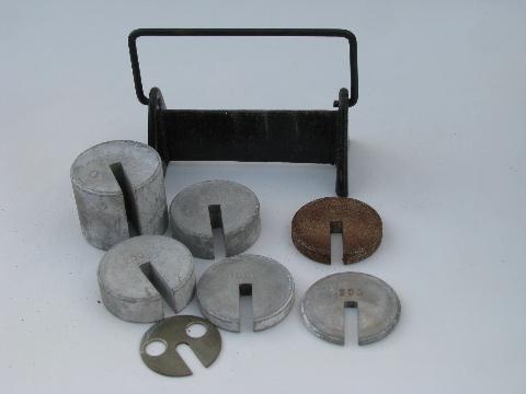 photo of vintage Cenco apothecary scale weights with enamel rack #2