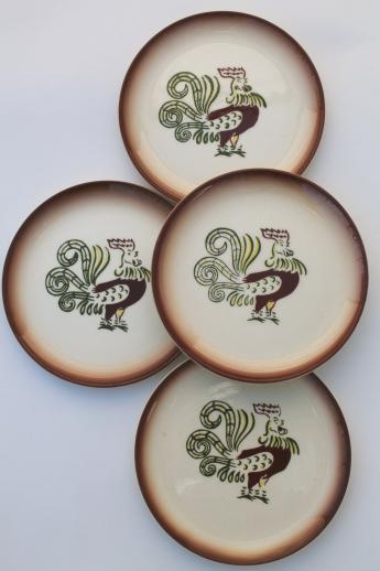 photo of vintage Chanticleer rooster hand-painted plates, Brock of California pottery #1