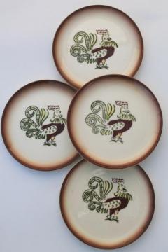 catalog photo of vintage Chanticleer rooster hand-painted plates, Brock of California pottery