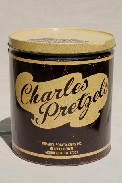 photo of vintage Charles Chips - Pretzels - tin, collectible advertising potato chips #3