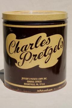 catalog photo of vintage Charles Chips - Pretzels - tin, collectible advertising potato chips