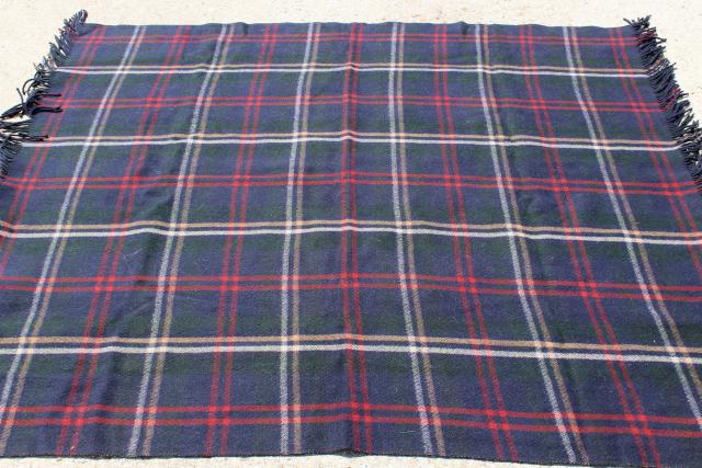 photo of vintage Chase double sided heavy wool camp blanket, fringed plaid lap robe #3