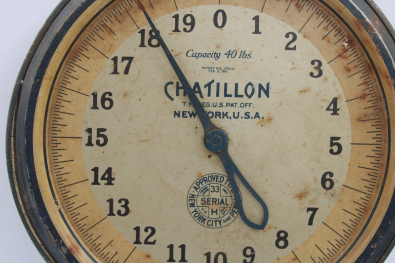 photo of vintage Chatillon hanging scale for dairy farm or market produce, weathered old blue paint #2