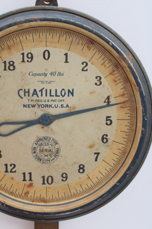 photo of vintage Chatillon hanging scale for dairy farm or market produce, weathered old blue paint #3