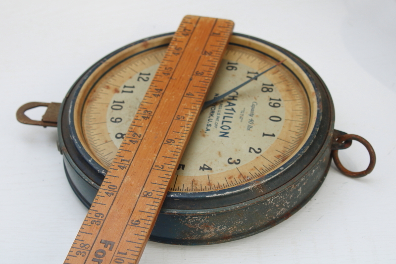 photo of vintage Chatillon hanging scale for dairy farm or market produce, weathered old blue paint #6