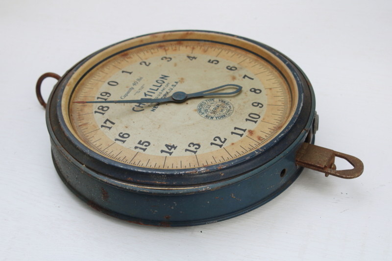 photo of vintage Chatillon hanging scale for dairy farm or market produce, weathered old blue paint #7