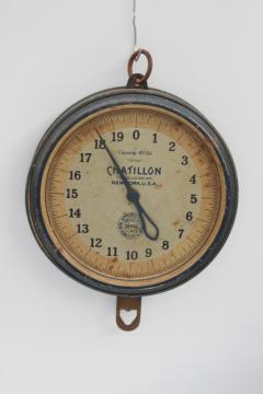 catalog photo of vintage Chatillon hanging scale for dairy farm or market produce, weathered old blue paint