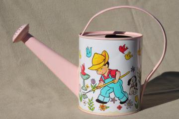 catalog photo of vintage Chein tin litho print toy watering can, child's size garden sprinkling can