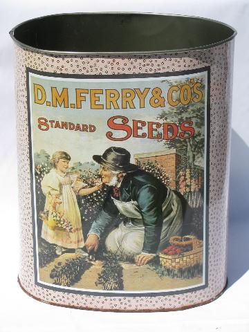 photo of vintage Cheinco litho print wastebasket, old Ferry seed packet label #1