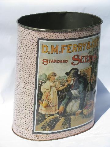 photo of vintage Cheinco litho print wastebasket, old Ferry seed packet label #2