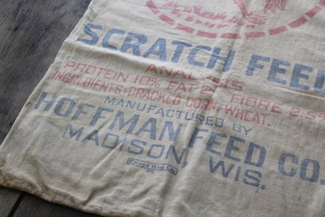 photo of vintage Chicken Scratch cotton feed sack w/ print ad graphics, Hoffman Madison Wisconsin #2