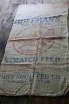 catalog photo of vintage Chicken Scratch cotton feed sack w/ print ad graphics, Hoffman Madison Wisconsin