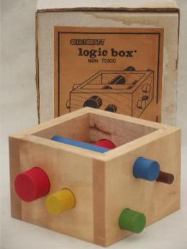 catalog photo of vintage Childcraft logic box, preschool early learning wood puzzle toy