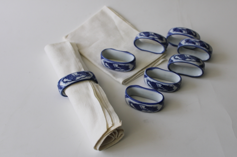 photo of vintage China blue & white porcelain napkin rings, set of napkin holders w/ tiny monkeys #1