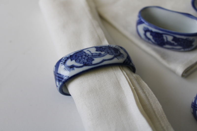 photo of vintage China blue & white porcelain napkin rings, set of napkin holders w/ tiny monkeys #2