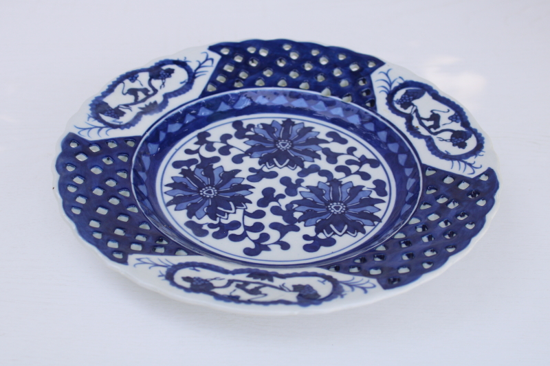 photo of vintage China blue white porcelain plate, openwork border w/ tiny monkeys chinoiserie #3