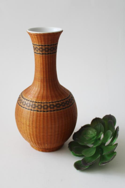 photo of vintage China bottle vase, woven bamboo basket covered white porcelain #1