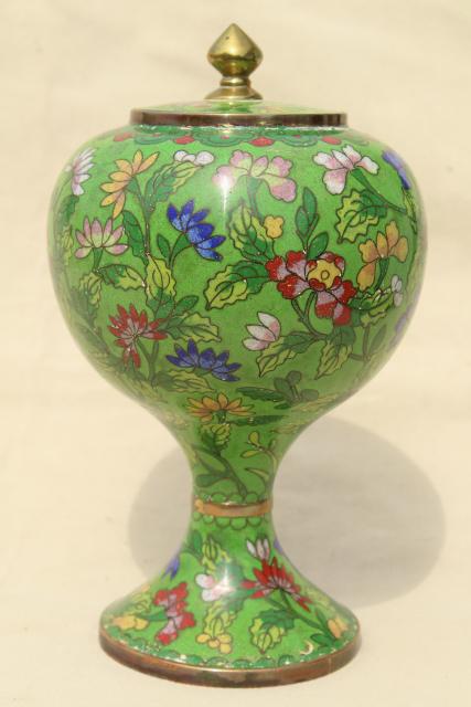 photo of vintage China enameled brass ginger jar, hand painted enamel over metal #1