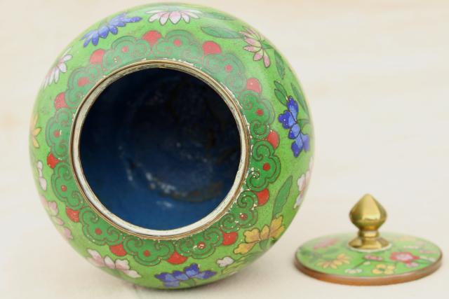 photo of vintage China enameled brass ginger jar, hand painted enamel over metal #11