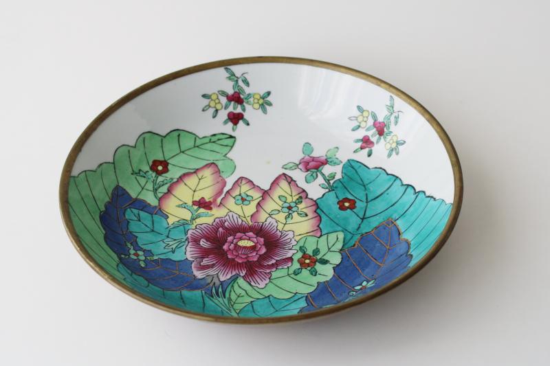 photo of vintage China hand painted Imperial tobacco leaf porcelain bowl w/ brass #1