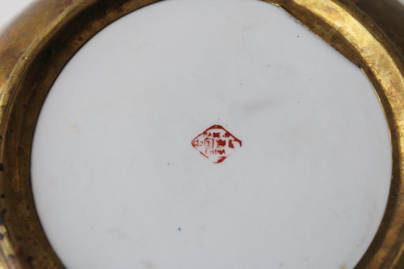 photo of vintage China hand painted Imperial tobacco leaf porcelain bowl w/ brass #5