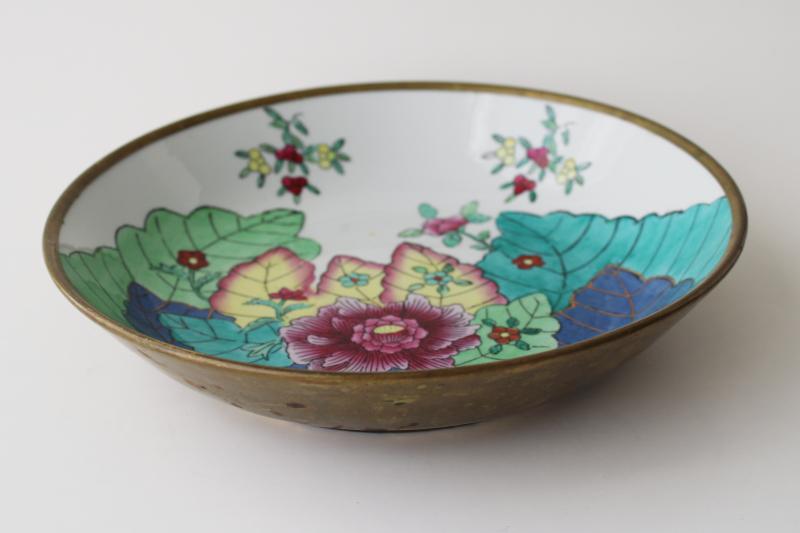 photo of vintage China hand painted Imperial tobacco leaf porcelain bowl w/ brass #8