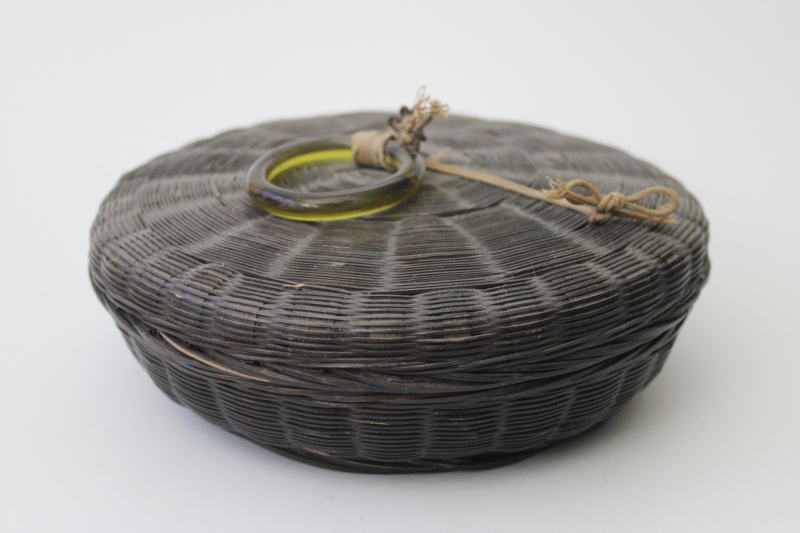 photo of vintage Chinese basket w/ glass ring on lid, round woven sewing basket #1