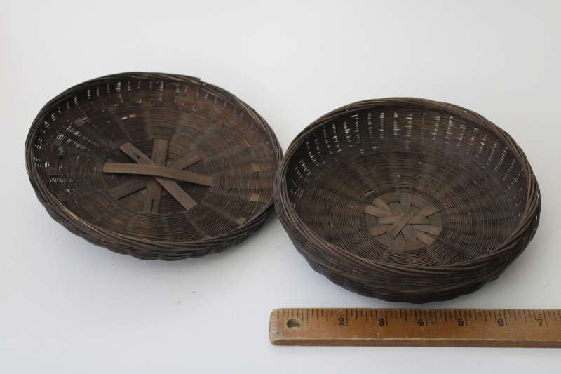 photo of vintage Chinese basket w/ glass ring on lid, round woven sewing basket #3