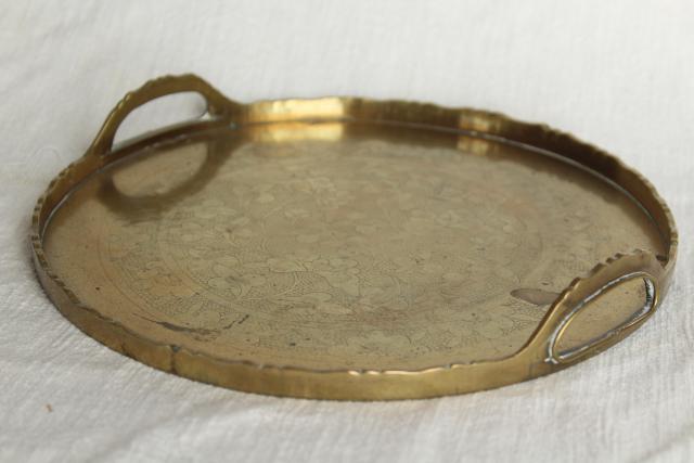 photo of vintage Chinese brass tray, chinoiserie etched solid brass, small round tray  #1