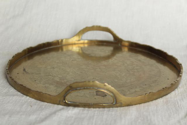 photo of vintage Chinese brass tray, chinoiserie etched solid brass, small round tray  #3