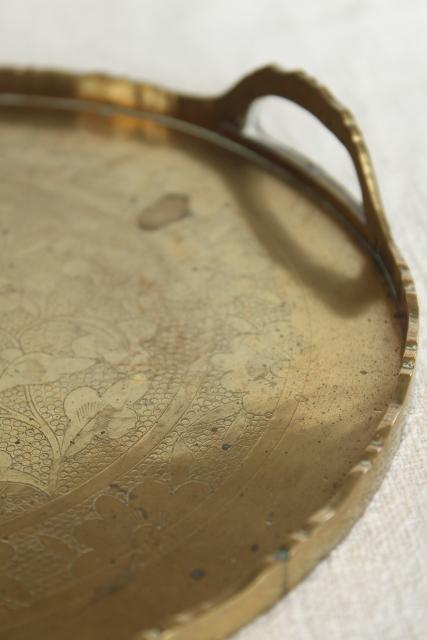 photo of vintage Chinese brass tray, chinoiserie etched solid brass, small round tray  #9