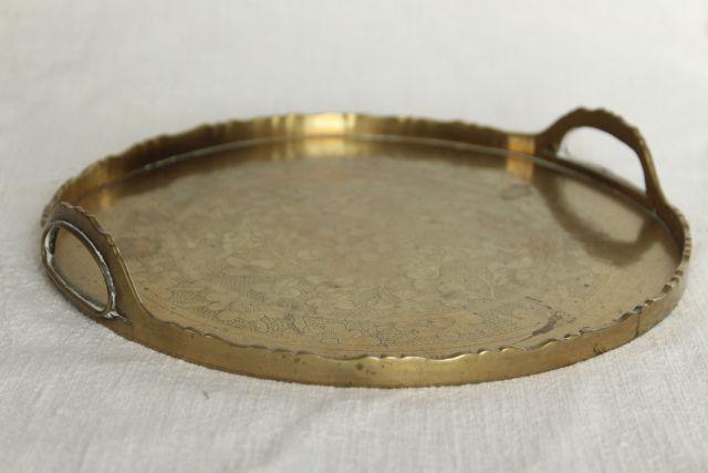 photo of vintage Chinese brass tray, chinoiserie etched solid brass, small round tray  #10