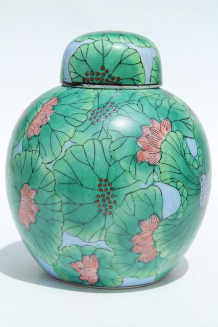 photo of vintage Chinese decorative porcelain ginger jar, water lily flowers w/ bird #2