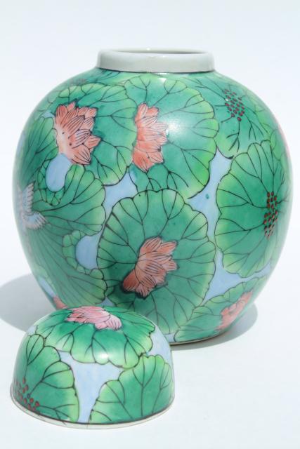 photo of vintage Chinese decorative porcelain ginger jar, water lily flowers w/ bird #3