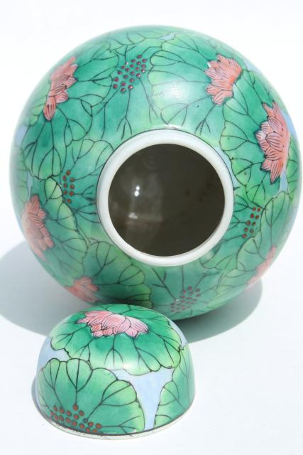 photo of vintage Chinese decorative porcelain ginger jar, water lily flowers w/ bird #4