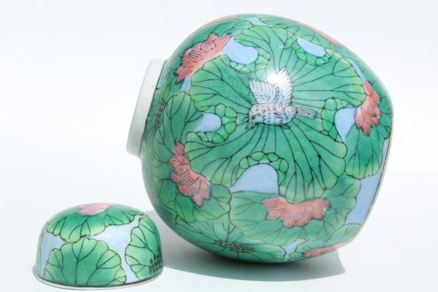 photo of vintage Chinese decorative porcelain ginger jar, water lily flowers w/ bird #5