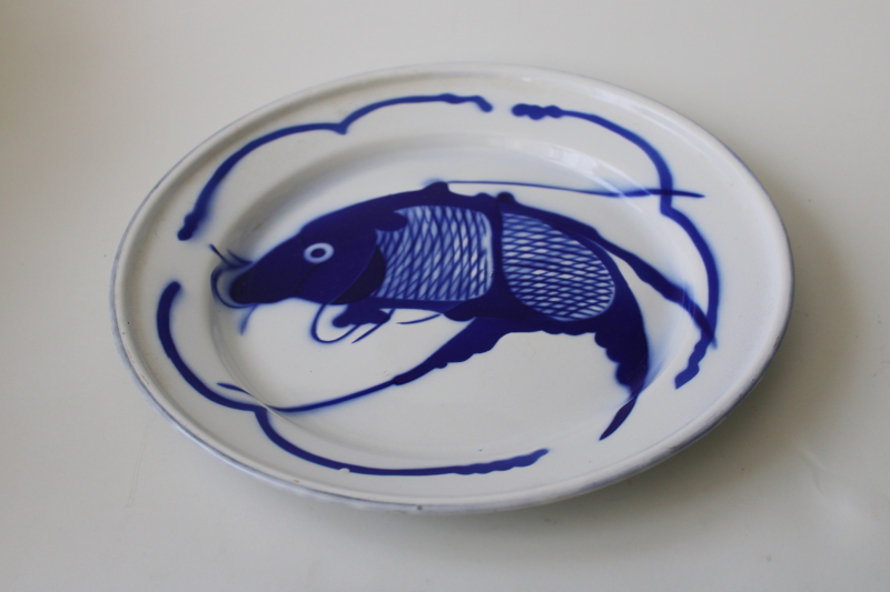 vintage Chinese enamel ware metal plate painted koi fish, blue white ...