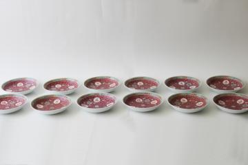 catalog photo of vintage Chinese hand painted porcelain dinnerware, Mun Shou famille rose red, small bowls or sauce plates