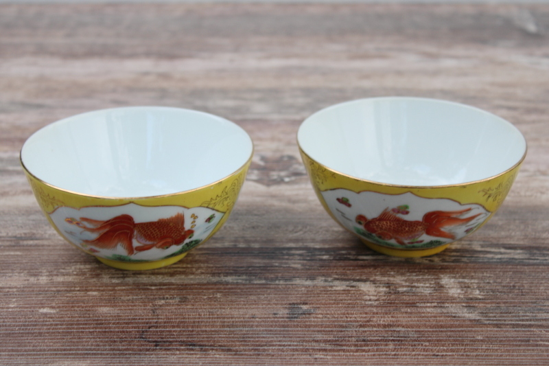 photo of vintage Chinese hand painted porcelain rice or noodle bowls, yellow w/ orange koi fish #1