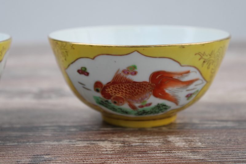 photo of vintage Chinese hand painted porcelain rice or noodle bowls, yellow w/ orange koi fish #3