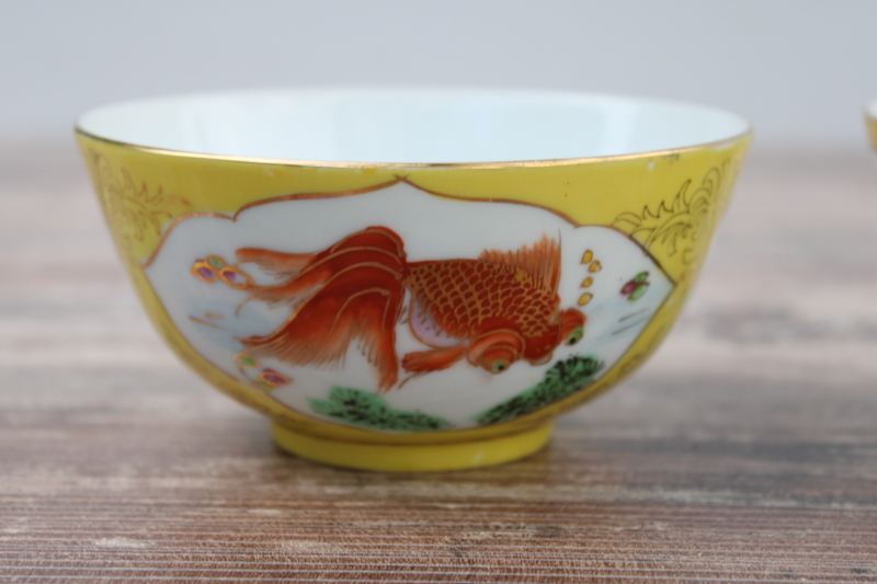 photo of vintage Chinese hand painted porcelain rice or noodle bowls, yellow w/ orange koi fish #4