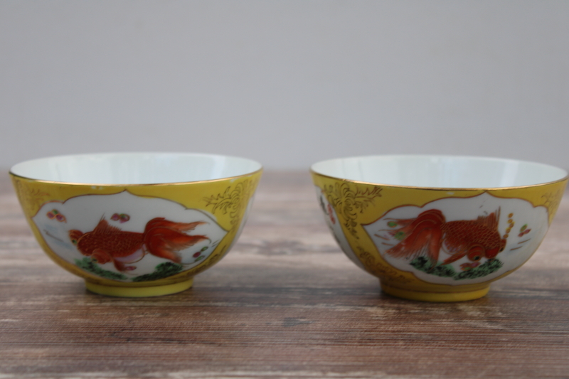 photo of vintage Chinese hand painted porcelain rice or noodle bowls, yellow w/ orange koi fish #5