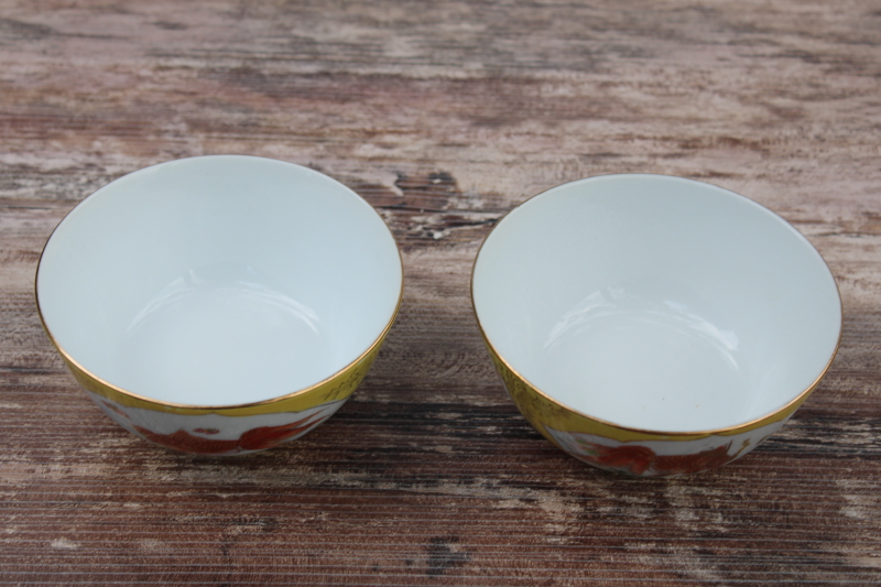 photo of vintage Chinese hand painted porcelain rice or noodle bowls, yellow w/ orange koi fish #6