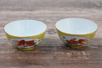 vintage Chinese hand painted porcelain rice or noodle bowls, yellow w/ orange koi fish